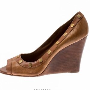 Tan Tory Burch Peep Toe Leather Wedges